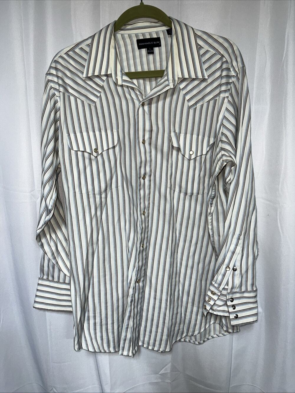 Vtg Panhandle Slim Shirt Mens 16.5x34 Western Cowboy Button Large Brown/blue/wht